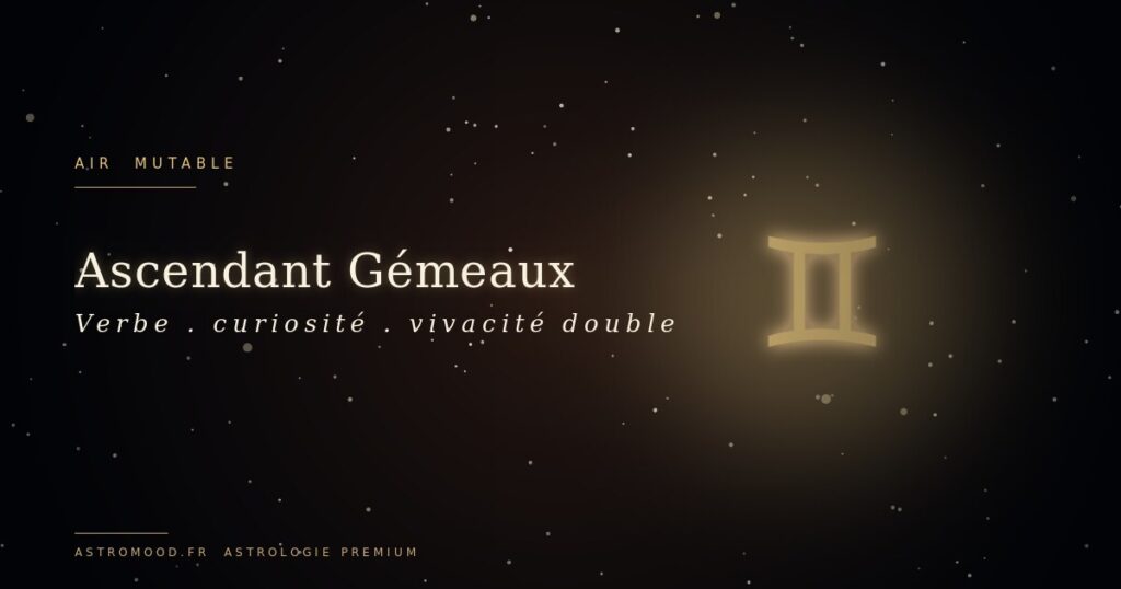 Ascendant Gémeaux — symbole astrologique or sur fond cosmique navy AstroMood