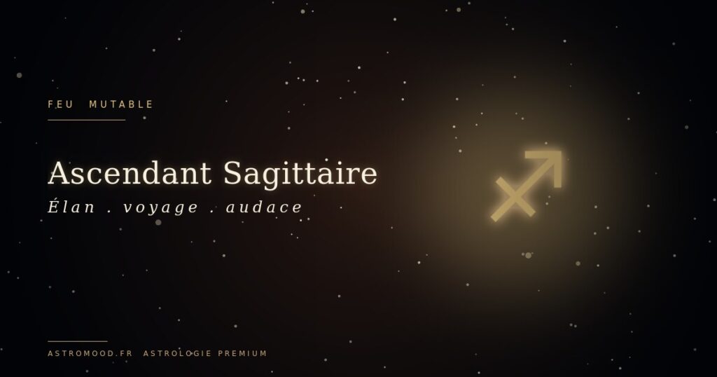 Ascendant Sagittaire — symbole astrologique or sur fond cosmique navy AstroMood