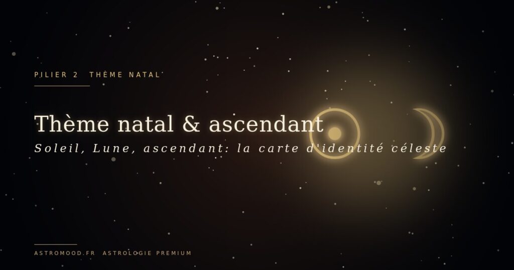 Thème natal et ascendant — Soleil Lune ascendant or sur fond cosmique navy AstroMood