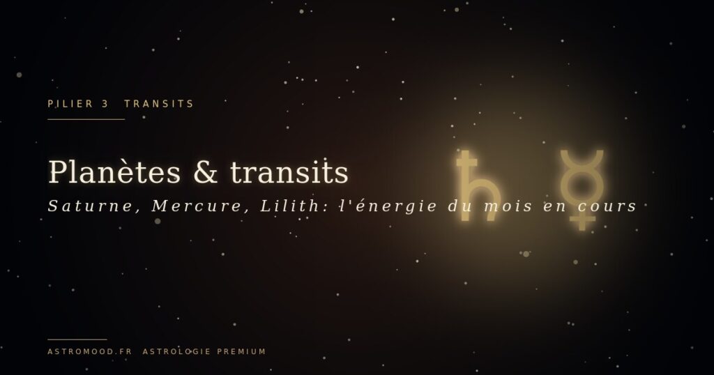 Transits planétaires — Saturne Mercure Lilith or sur fond cosmique navy AstroMood