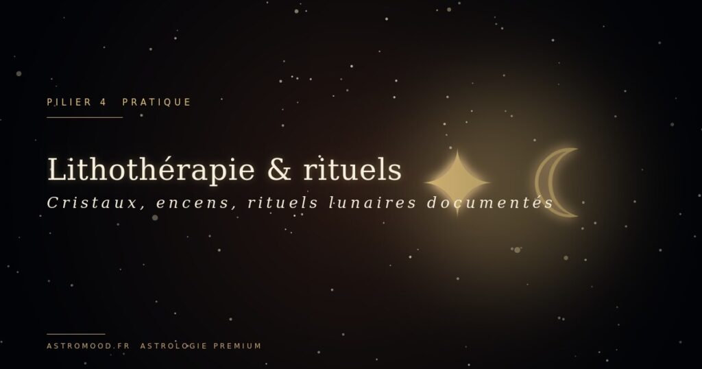 Lithothérapie et rituels — cristaux et lune or sur fond cosmique navy AstroMood
