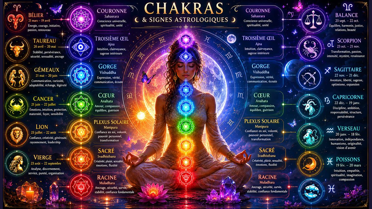 Chakras et signes astrologiques - cartographie des correspondances entre les 7 chakras et les 12 signes
