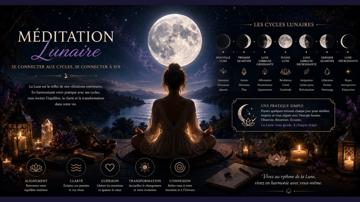 Méditation lunaire - posture sereine face à la lune pour reconnecter au cycle