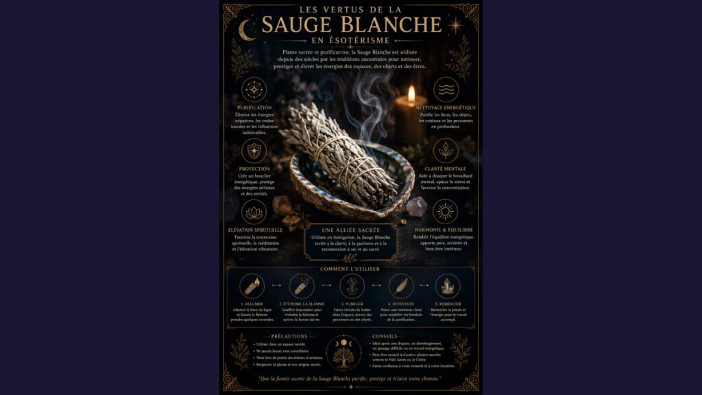 Rituel sauge blanche - infographie complète : vertus, étapes, précautions et conseils en ésotérisme