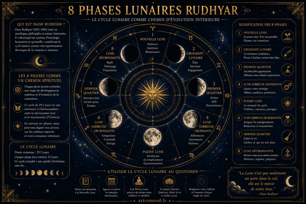 Les 8 phases lunaires personnelles AstroMood — cycle Rudhyar Soleil Lune sur fond cosmique navy