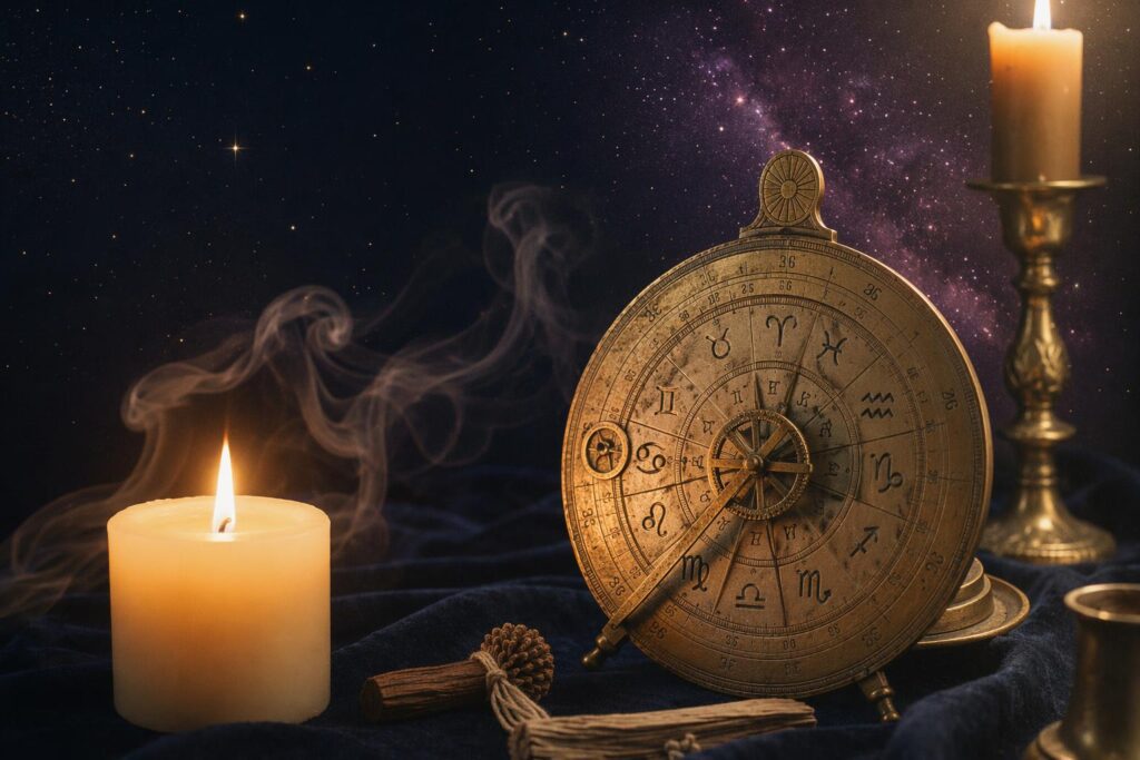 Retour de Saturne : astrolabe doré ancien — cycle saturnien 28-30 ans dans le thème natal