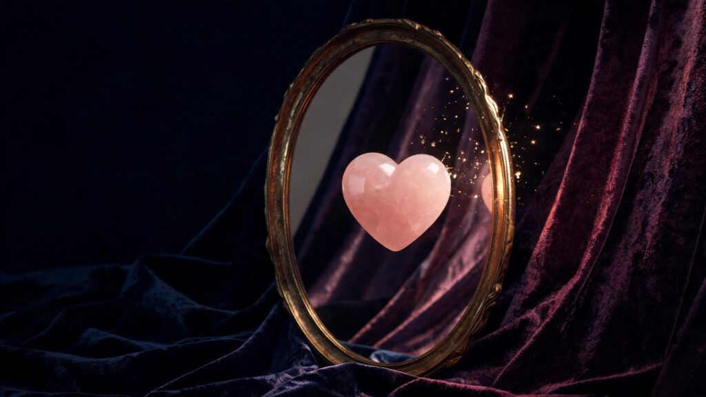 Vénus en signe — quartz rose flottant devant miroir doré ovale sur fond cosmique navy
