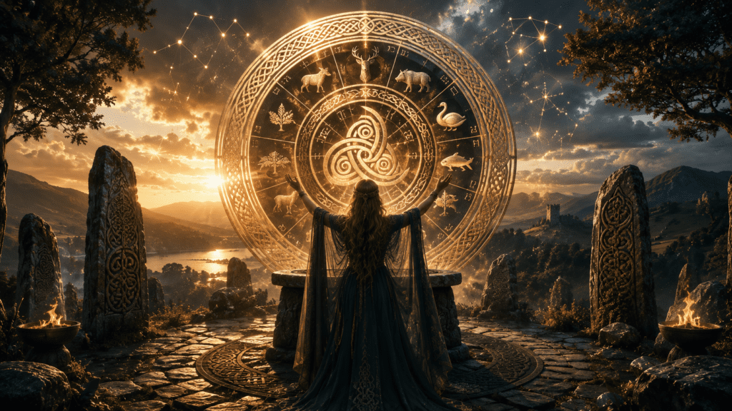 Astrologie celtique AstroMood — druidesse devant la roue celtique des 13 arbres protecteurs au coucher de soleil