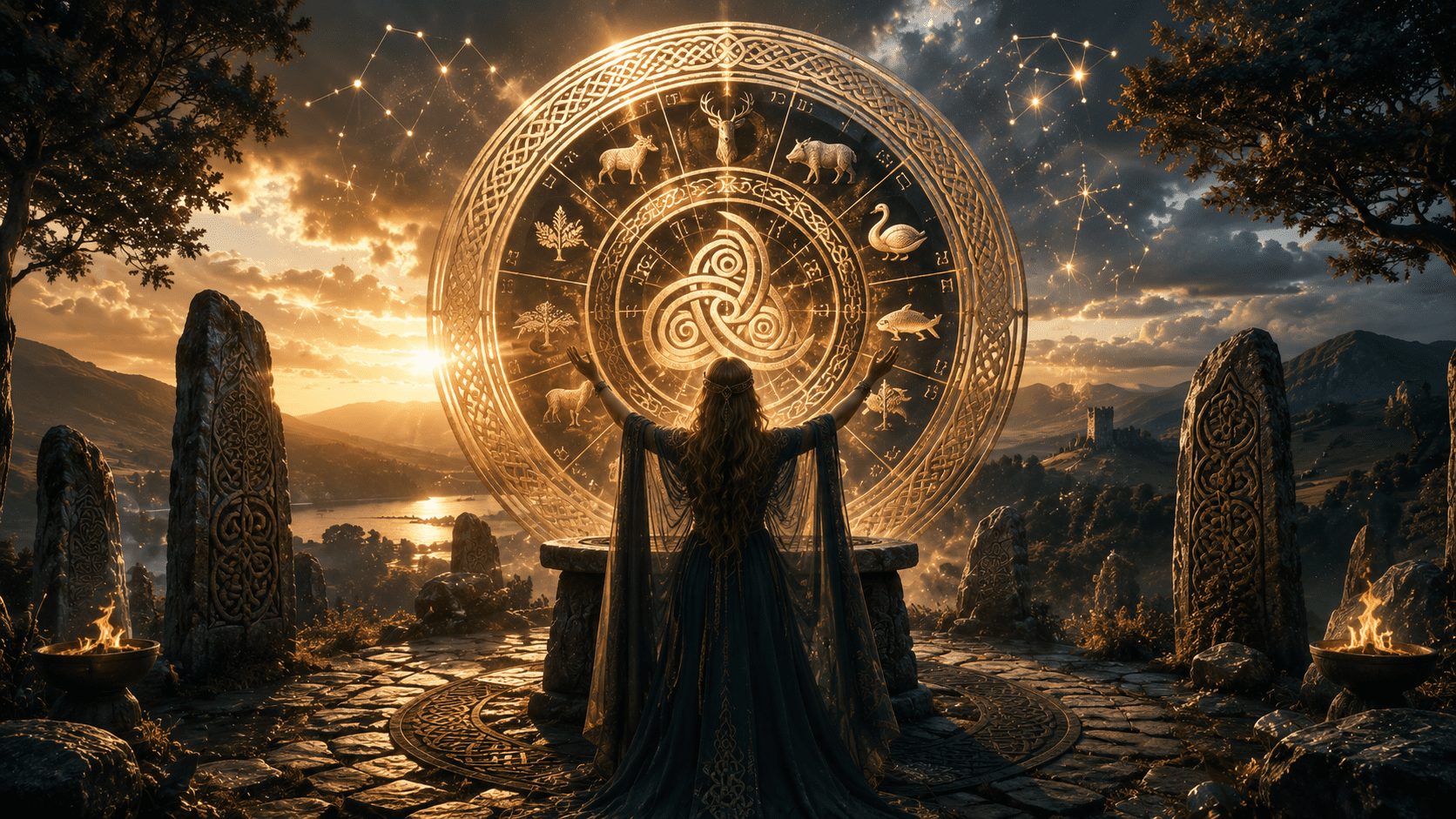 Astrologie celtique AstroMood — druidesse devant la roue celtique des 13 arbres protecteurs au coucher de soleil
