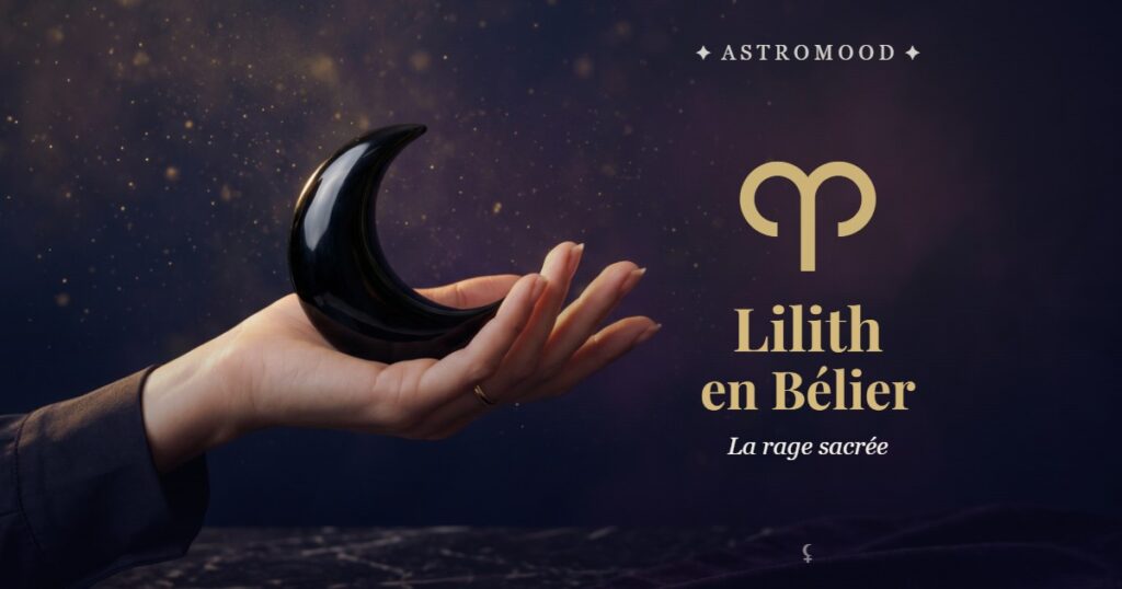 Lilith en Bélier : main tenant un croissant de lune noire, illustration AstroMood