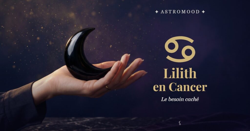 Lilith en Cancer : main tenant un croissant de lune noire, illustration AstroMood