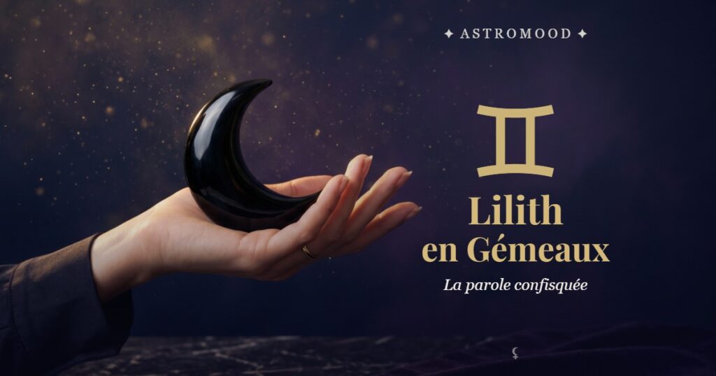 Lilith en Gémeaux : main tenant un croissant de lune noire, illustration AstroMood