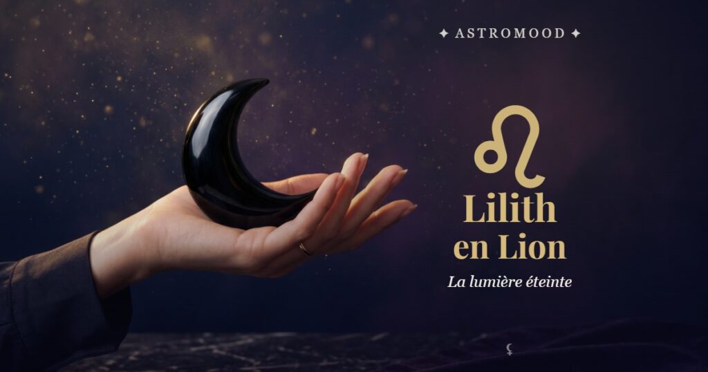 Lilith en Lion : main tenant un croissant de lune noire, illustration AstroMood