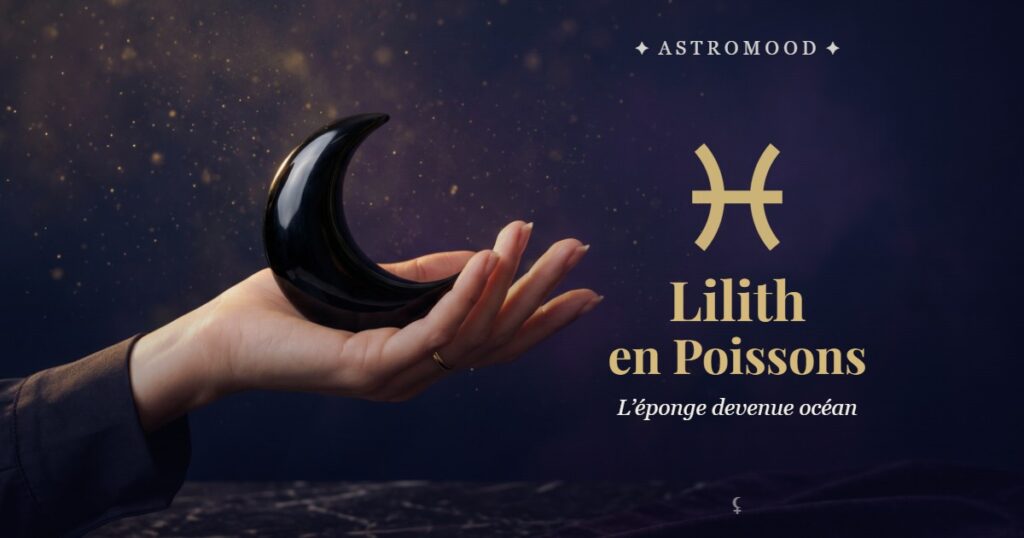 Lilith en Poissons : main tenant un croissant de lune noire, illustration AstroMood