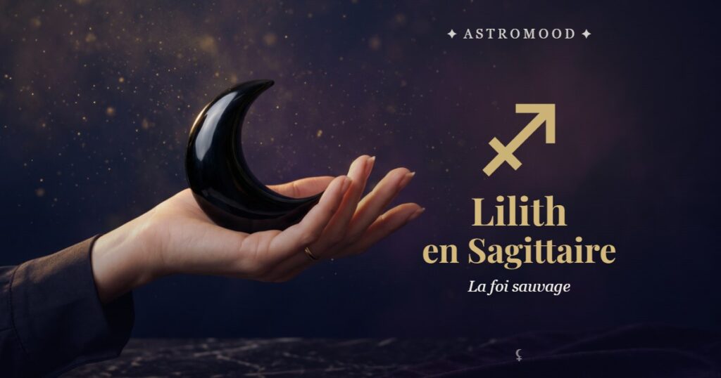 Lilith en Sagittaire : main tenant un croissant de lune noire, illustration AstroMood