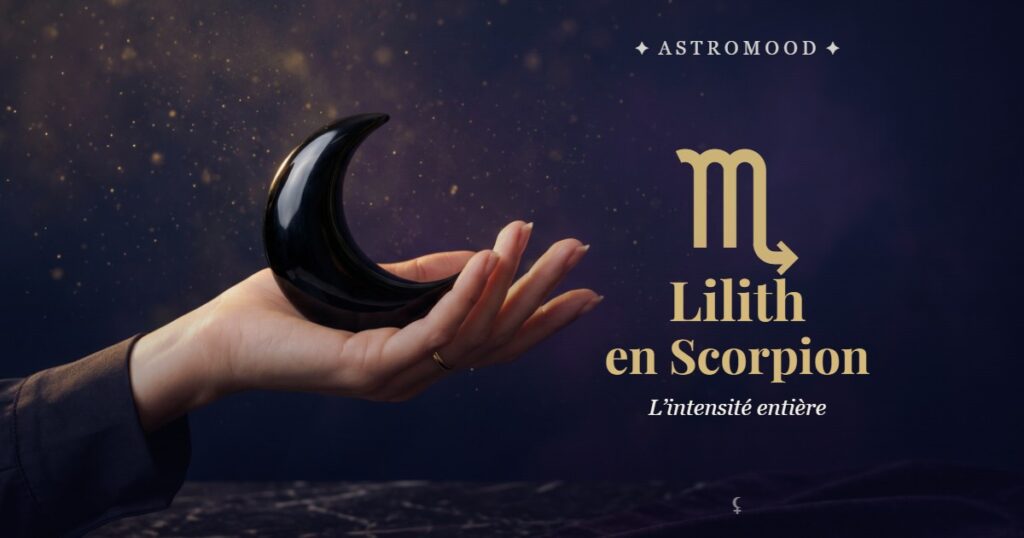 Lilith en Scorpion : main tenant un croissant de lune noire, illustration AstroMood