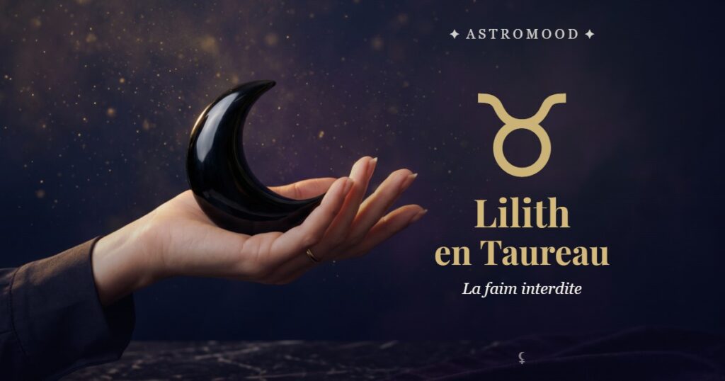 Lilith en Taureau : main tenant un croissant de lune noire, illustration AstroMood