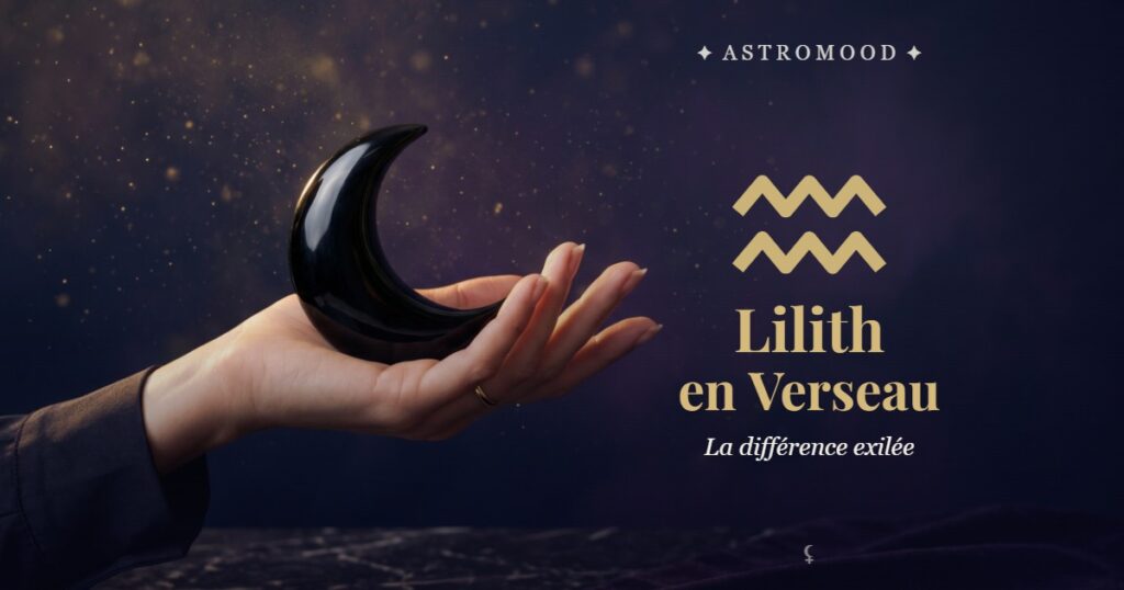 Lilith en Verseau : main tenant un croissant de lune noire, illustration AstroMood