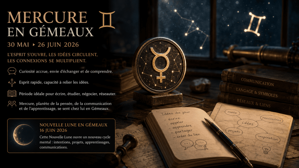 Mercure en Gémeaux 2026 — composition astrologique AstroMood navy et or pour la nouvelle lune du 15 juin