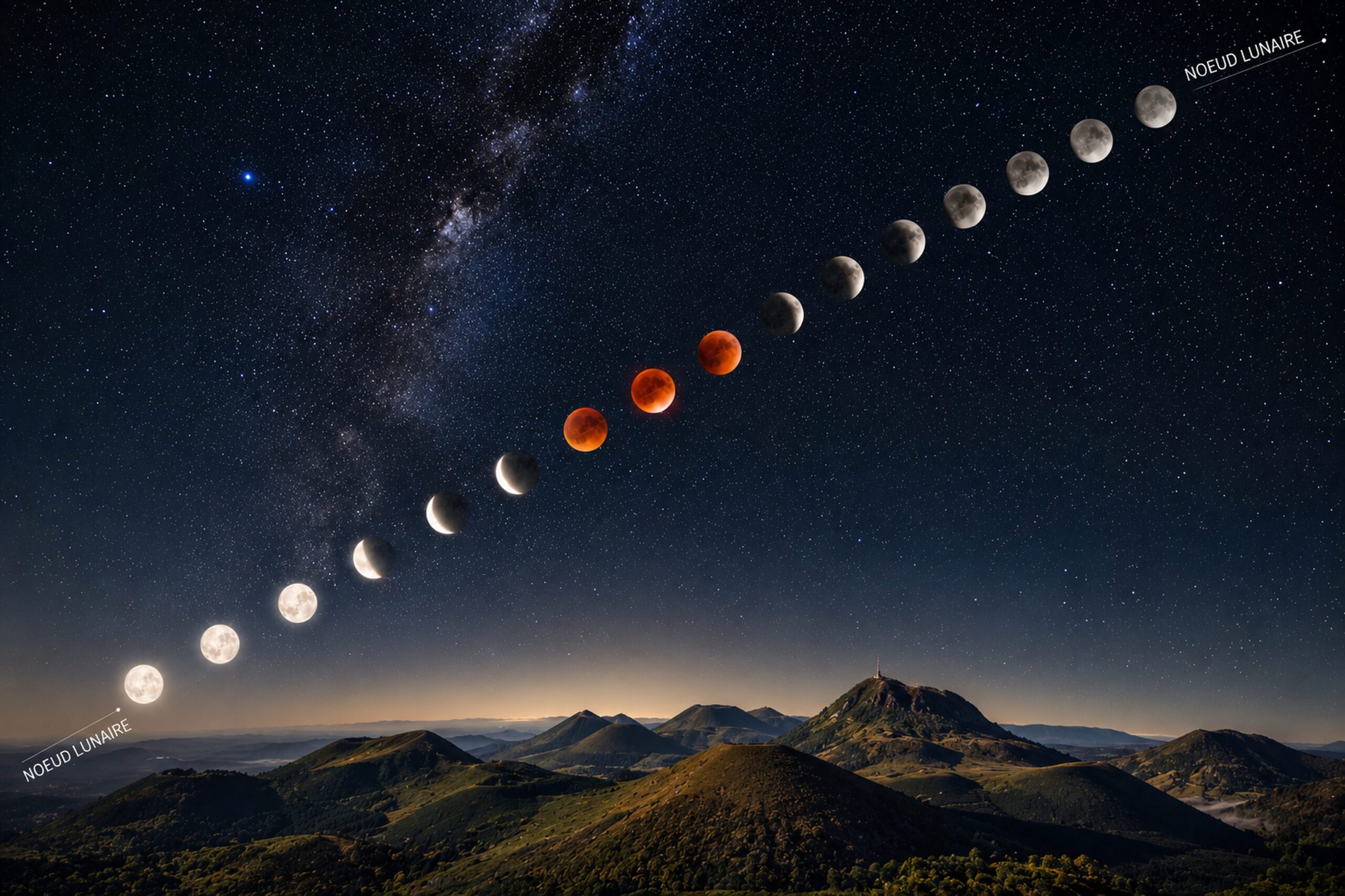 Chaîne des volcans d'Auvergne et nœuds lunaires — site sacré aligné axe nodal