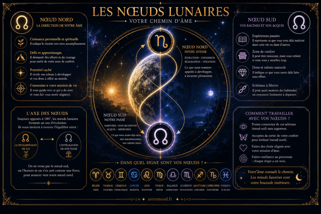 Nœuds lunaires AstroMood — axe nodal Nœud Nord et Nœud Sud reliés par un ruban doré sur fond cosmique navy étoilé