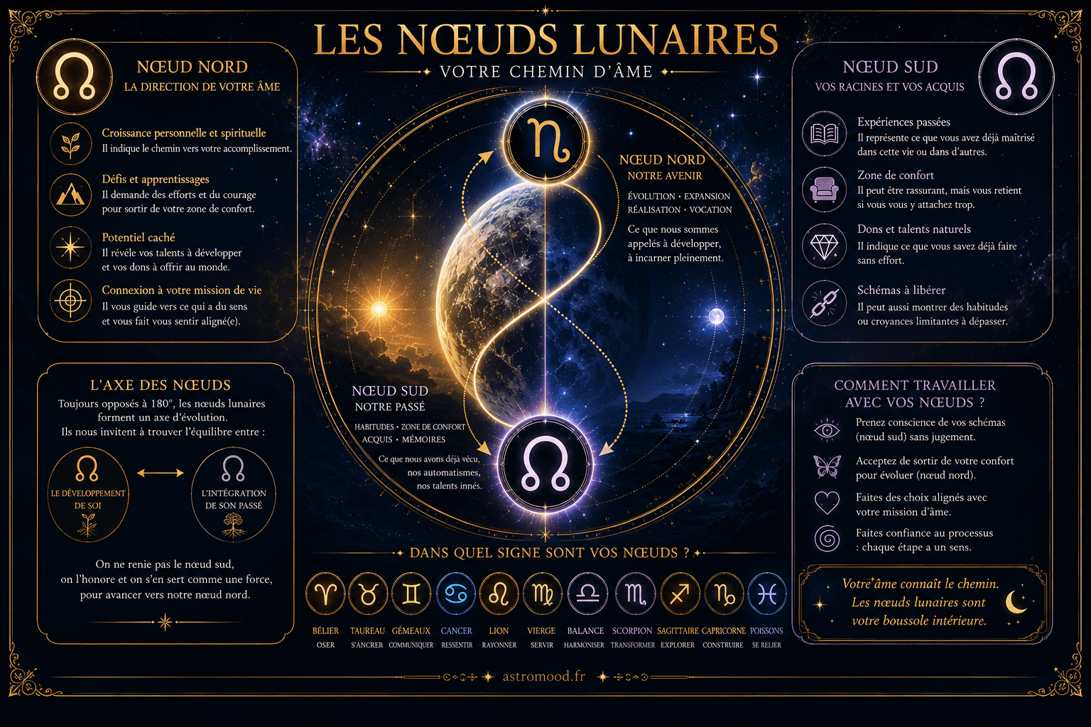 Nœuds lunaires AstroMood — axe nodal Nœud Nord et Nœud Sud reliés par un ruban doré sur fond cosmique navy étoilé