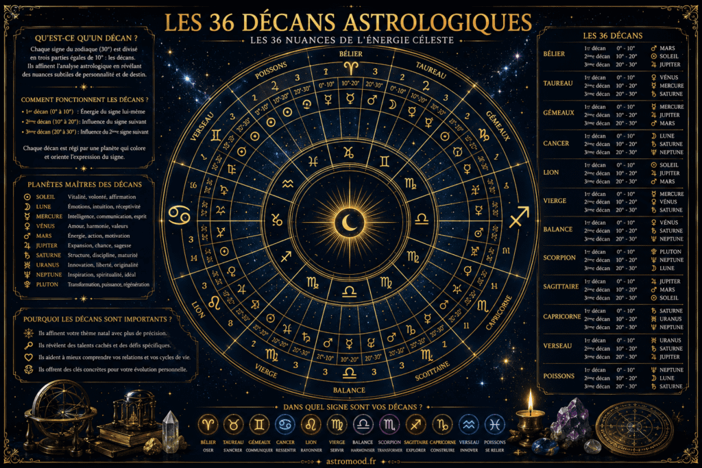 Les 36 décans astrologiques AstroMood — roue zodiacale dorée divisée en 36 segments sur fond cosmique navy