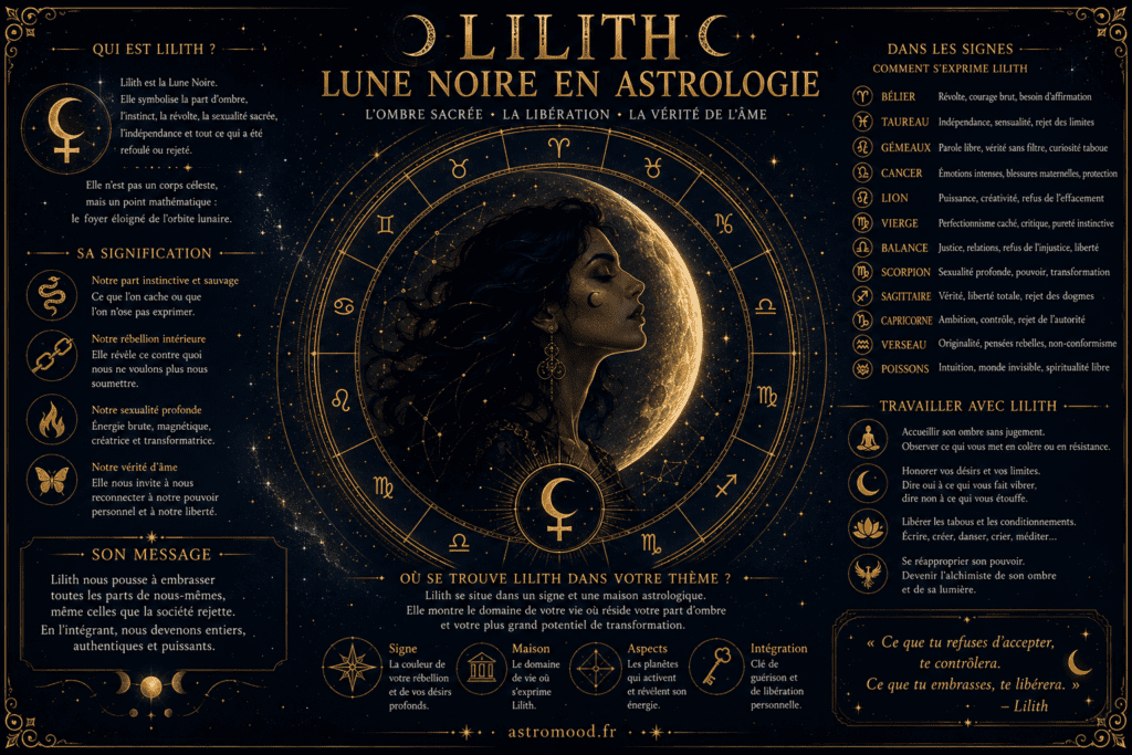 Lilith Lune Noire AstroMood — silhouette féminine et lune noire sur cercle zodiacal navy étoilé