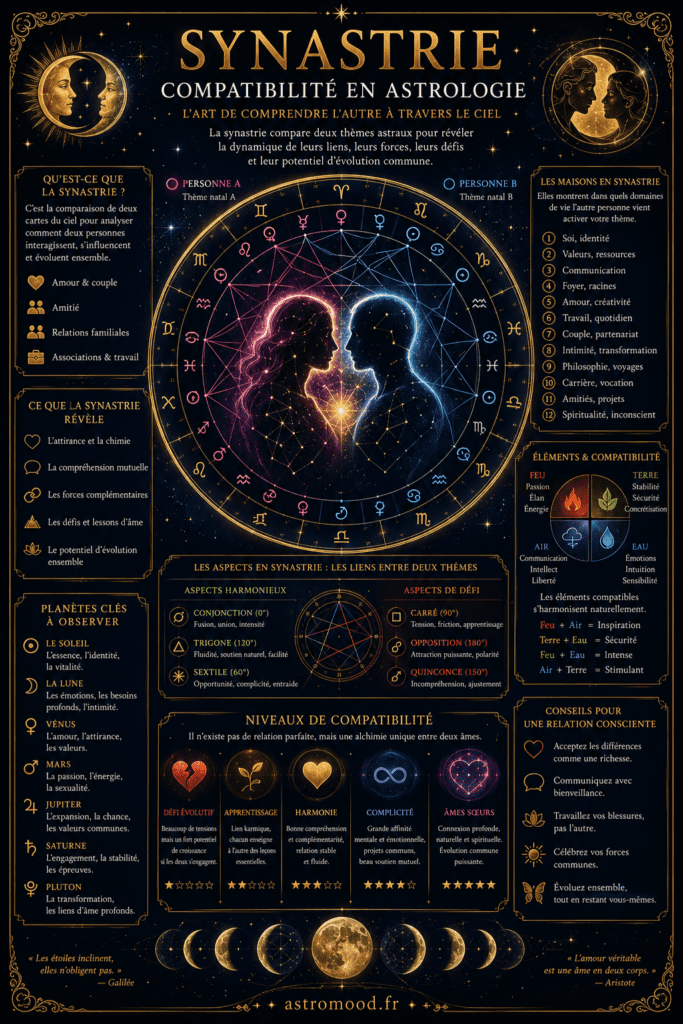 Synastrie en astrologie AstroMood — deux silhouettes en miroir et roue zodiacale double sur fond cosmique navy