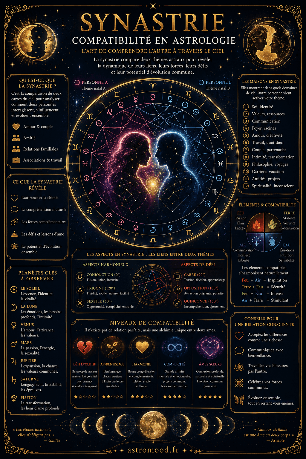 Synastrie en astrologie — superposition de deux thèmes natals et matrice 12×12 des aspects