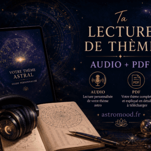 Lecture essentielle de thème natal : tablette avec carte du ciel, casque audio et cristaux — AstroMood