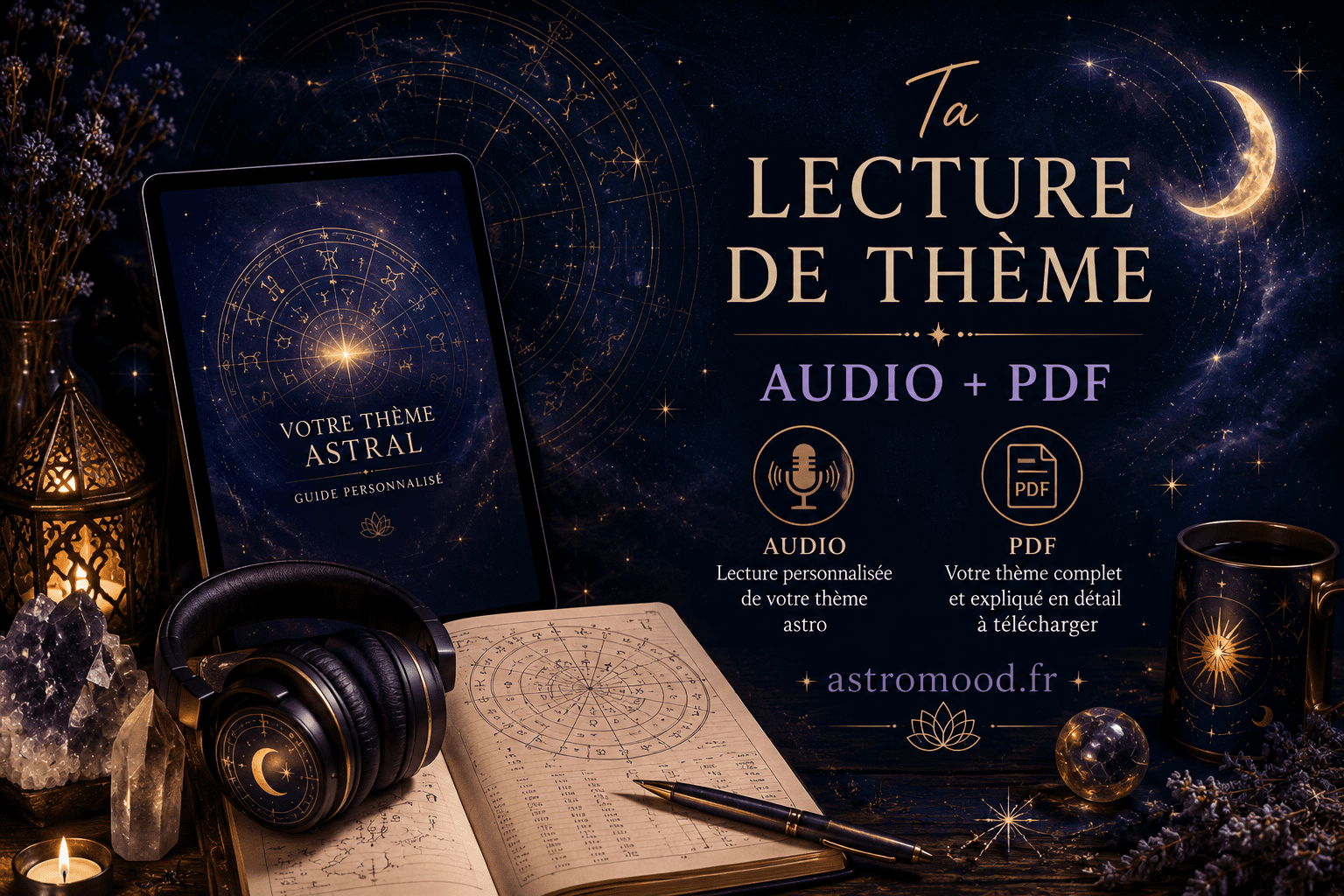 Lecture essentielle de thème natal : tablette avec carte du ciel, casque audio et cristaux — AstroMood