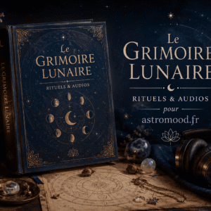Le Grimoire Lunaire : livre relié bleu nuit avec phases de lune, bougie et casque audio — AstroMood