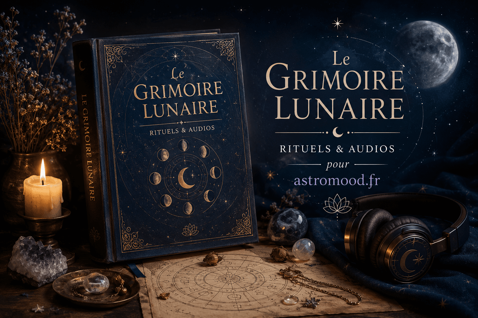 Le Grimoire Lunaire : livre relié bleu nuit avec phases de lune, bougie et casque audio — AstroMood