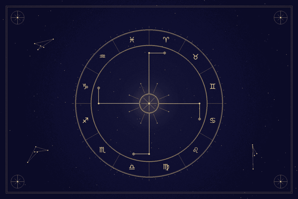Roue zodiacale gravee traversee de subtils circuits dores symbolisant une IA qui lit un theme natal