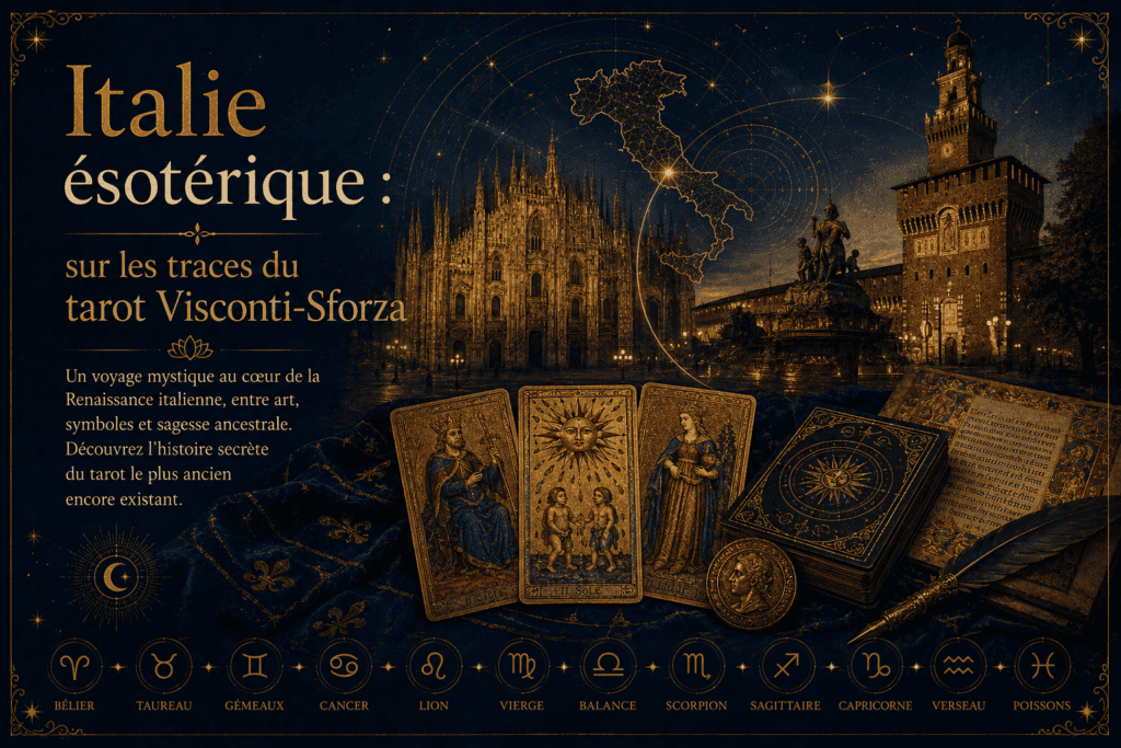 Italie ésotérique tarot Visconti-Sforza — cartes anciennes, Duomo de Milan et Castello Sforzesco, zodiaque