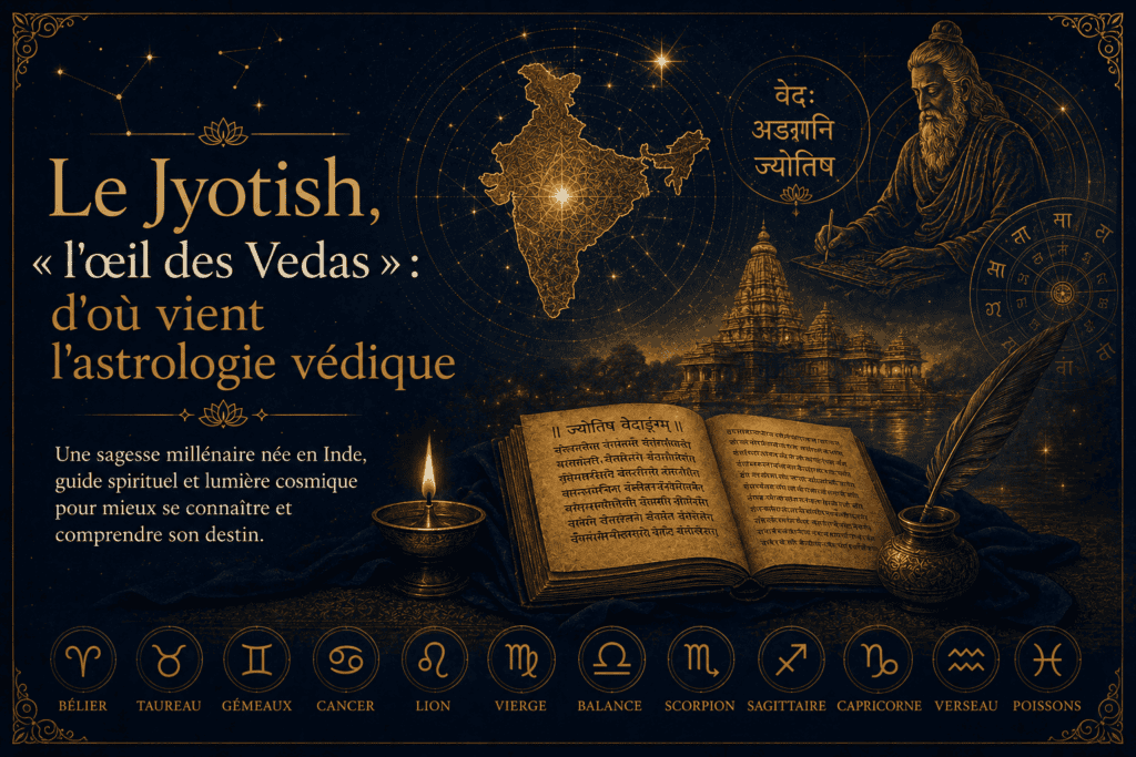 Le Jyotish, l'œil des Vedas : astrologie védique — carte de l'Inde étoilée, sage védique et livre sanskrit