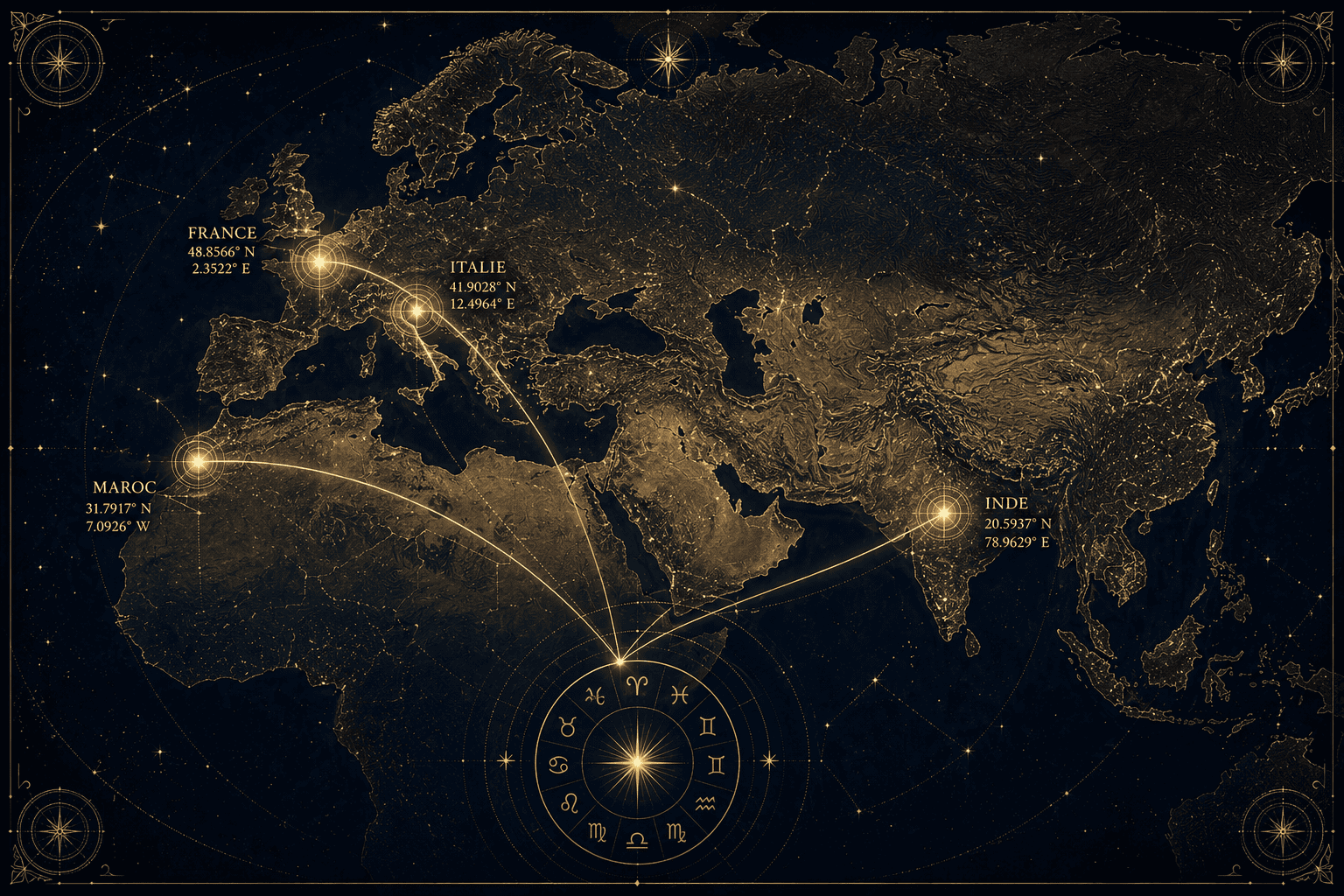 Voyage spirituel selon ton signe astrologique — carte du monde et roue zodiacale reliant Inde, Italie, Maroc et France