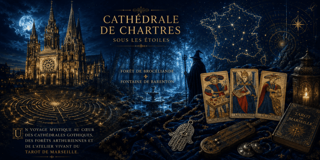 France ésotérique tarot Marseille — Cathédrale de Chartres illuminée, labyrinthe 260m, forêt de Brocéliande avec Merlin, 3 cartes Tarot Marseille et carte de France constellation