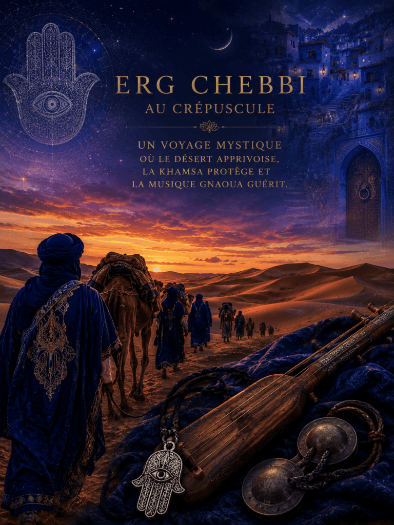 Maroc ésotérique désert Erg Chebbi — caravane touarègue robe indigo, khamsa or, guembri Gnaoua, Chefchaouen ville bleue au crépuscule