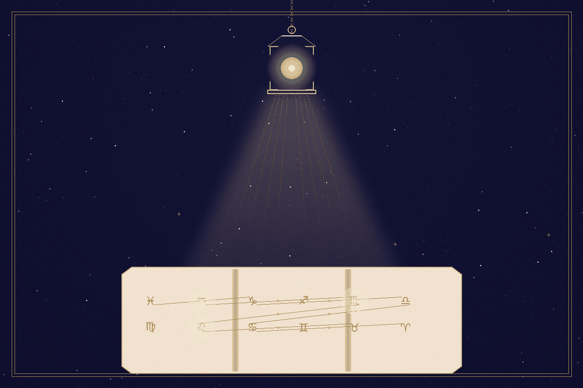 Lanterne suspendue éclairant une carte du ciel avec glyphes zodiacaux, symbole d'une IA qui fait le travail de lampe pas de destin
