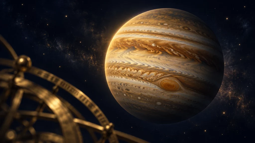 Jupiter en astrologie : illustration de la planète aux reflets dorés, avec un astrolabe sur fond bleu nuit