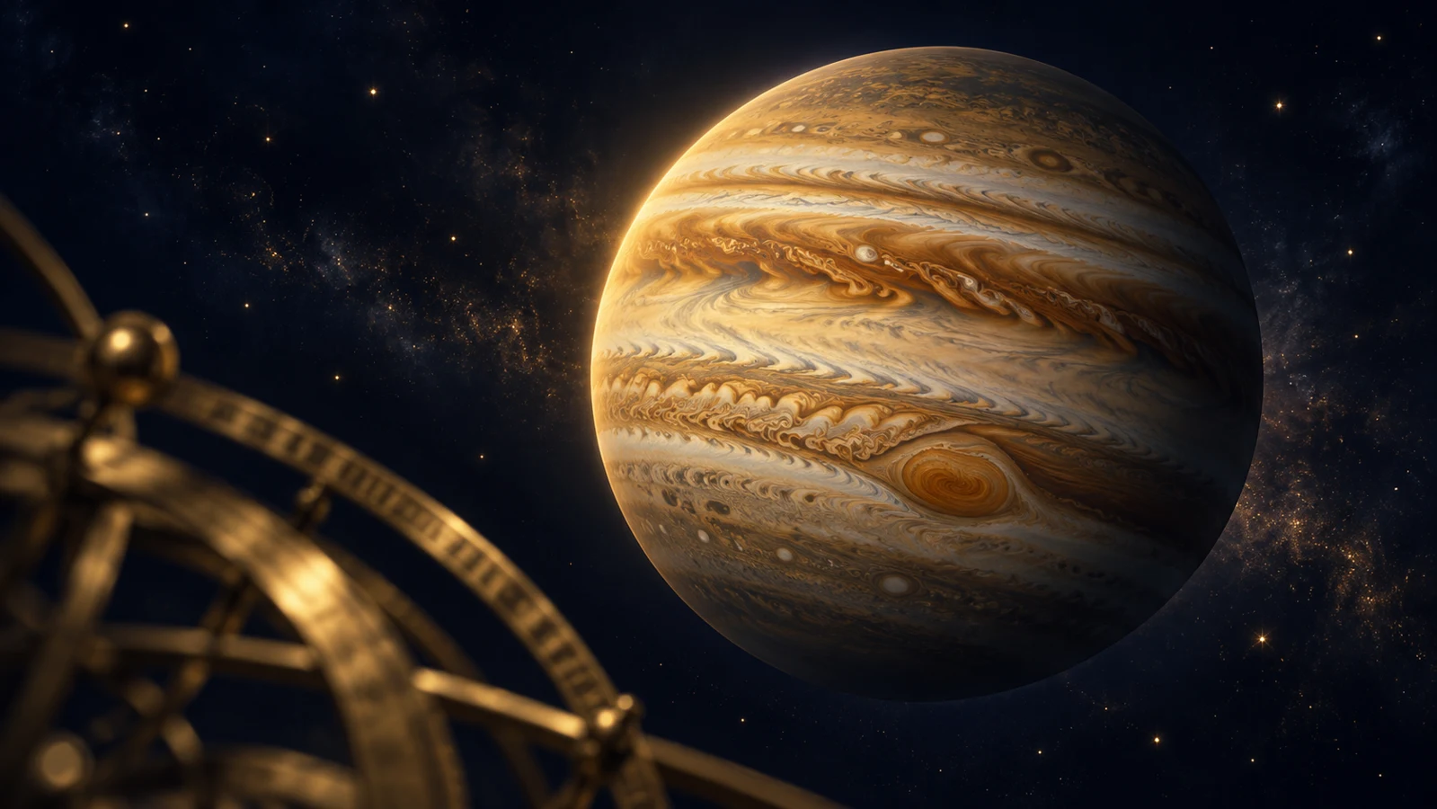 Jupiter en astrologie : illustration de la planète aux reflets dorés, avec un astrolabe sur fond bleu nuit